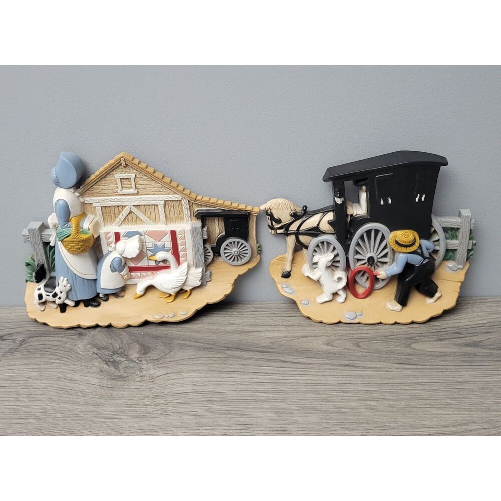 VTG 1995 Burwood Products Amish Life Set of 2 Wall Hanging Plaques 3340 USA